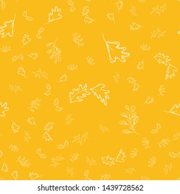 Seamless pattern of autumn leaves isolated on orange background. Abstract print with leaves. Elegant beautiful seamless ornament for fabric, wrapping and textile. Outline.