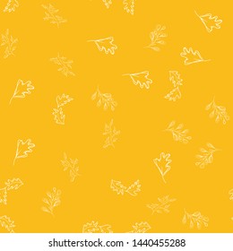 Seamless pattern of autumn leaves isolated on orange background. Abstract print with leaves. Elegant beautiful seamless ornament for fabric, wrapping and textile. Outline.