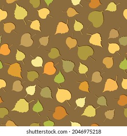 Seamless pattern of autumn leaves isolated on a brown background.