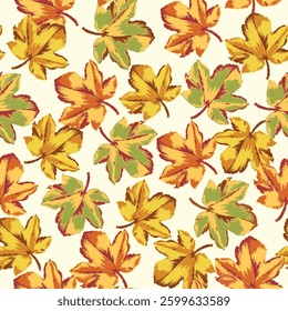 Seamless Pattern of Autumn Leaves  in Ivory Background, Fall Leaves Line Drawing Background- Fall and Autumn Vector Illustration