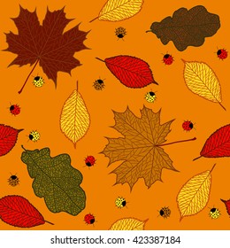seamless pattern with autumn leaves  and ladybugs