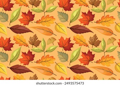 Motif harmonieux de feuilles d'automne, arrière-plan clair. Arrière-plan coloré avec chêne, érable, châtaignier, lin, tremble et feuilles de raifort Moisson automnale. illustration vectorielle 