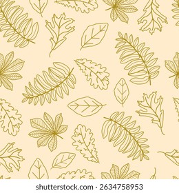 Seamless pattern of autumn leaves in line style. Vector illustration. Maple, oak and rowan leaf background for fabric, wallpaper or gift wrapping print.