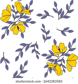 Padrão contínuo com folhas de outono e flores amarelas macro flox em fundo branco. Pode ser usado como papel de parede, impressão, textura, tecido, cartão.