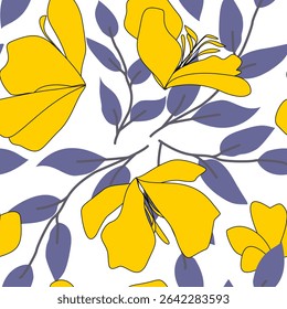Seamless pattern with autumn leaves and macro yellow flowers  flox on white background. Could be used as wallpaper, print, texture, fabric, card.