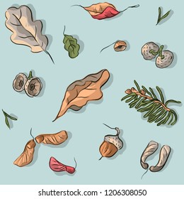 Seamless pattern with autumn leaves, maple, pine, Rowan, oak