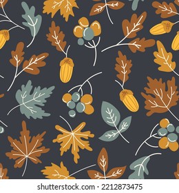 Seamless pattern of autumn leaves with maple branches, leaves, rowan berry on black dark background. Repeatable motif for seasonal fall. Forest nature illustrations for wallpaper, fabric, prints.