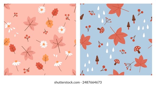 Seamless pattern with Autumn leaves, maple leaves, red berry branch and daisy flower on pink background. Autumn seamless pattern with maple leaves, red berry, mushroom and rain drop on blue background