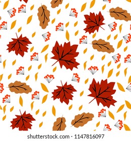 Seamless pattern with autumn leaves and a mountain ash, orange, beige, brown and yellow. Perfectly is suitable for wall-paper, brown paper, a web page background, autumn greeting cards.