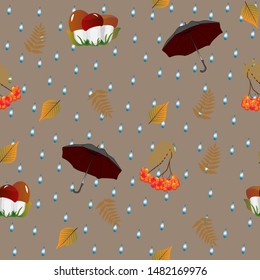 Seamless pattern with autumn leaves, mountain ash, umbrellas and rain. Vector illustration