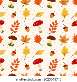 Seamless pattern of autumn leaves, mushrooms and acorns.  Scrapbook, gift wrapping paper, textiles.