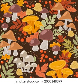 Seamless pattern from autumn leaves and mushrooms, red berries on dark background