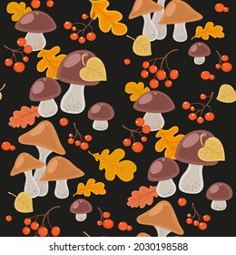 Seamless pattern from autumn leaves and mushrooms, red berries on black background