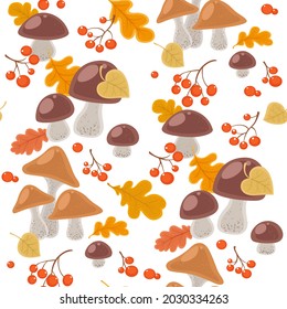 Seamless pattern from autumn leaves and mushrooms, red berries on white background