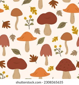 Seamless pattern with autumn leaves and mushrooms. Repeatable background with fall mushrooms, berries and foliage. Flat vector illustration.