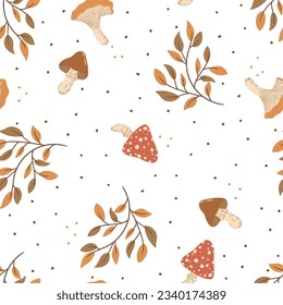 
Seamless pattern with autumn leaves and mushrooms. Ideal for a variety of projects including fabric, paper and more.