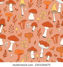 Seamless pattern with autumn leaves and mushrooms. Vector graphics.