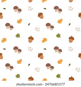 Seamless pattern with autumn leaves, mushrooms, berries and acorns. Autumn background, vector illustration, flat style.