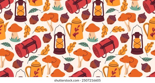 Seamless pattern with autumn leaves, mushrooms, gas lamps, and acorns. Orange warm colors. Falling period. Thanksgiving day. Camping in nature. Autumn cozy concept for wrapping paper, and textiles.