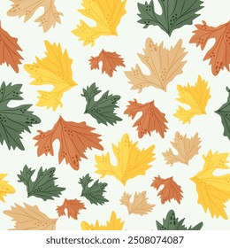 seamless pattern of autumn leaves namely multicolored maple leaves in pastel colors placed randomly, vector