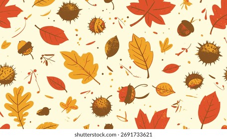 Nahtloses Muster mit Herbstblättern, Nüssen und Kastanien in saisonalen Farben. Ideal für Hintergründe, Umschlagpapier, Karten und Einladungen.