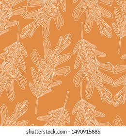 Seamless pattern, autumn leaves, oak leaf, hand draws with ink. Large leaves of different shapes, autumn antistress liner in vintage style. Isolated design for wallpaper, textile.