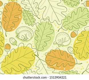 Seamless pattern with Autumn leaves oak, acorns and squirrels. Vector background for fabric, textile, posters, gift wrapping paper, napkins, tablecloths.