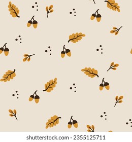 Nahtlose Muster der Herbstblätter, Herbstgewebe Design. Digitaler Vektorhintergrund in Form von Akkorn und Punkten. Herbstwaldhintergrund für Stoff, Tapete und Verpackungsmaterial