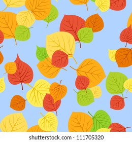 Seamless pattern with autumn leaves on a blue background. Vector EPS 8.