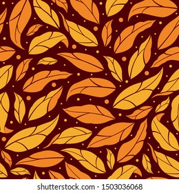 Seamless pattern with autumn leaves on dark red background for fabric, wallpaper, textile, web design.