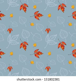 Seamless Pattern With Autumn Leaves On Blue Background.  Ornament Wallpaper, Digital Or Wrapping Paper.