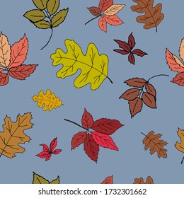 Seamless pattern of autumn leaves on a blue background. Ideal for design, fabric, packaging, wallpaper, textiles. Vector illustration