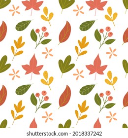 Seamless pattern with autumn leaves on a white background, vector graphics, for prints on wallpaper, wrapping paper, covers, for the design of posters, postcards, botanical illustrations.