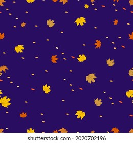 Seamless pattern autumn leaves on blue background, Endless design random maples laves in yellow and orange colour for Autumnal or Fall season background