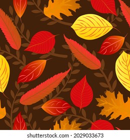 patrón transparente hojas de otoño en el vector de fondo oscuro