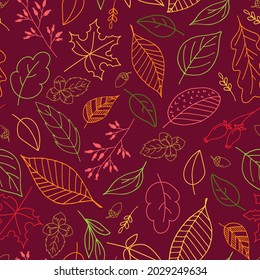 Nahtlose Muster der Herbstblätter auf dunklem Hintergrund. Geeignet für Tapeten, Geschenkpapier, Reißverschluss, Webseitenhintergrund, Herbstgrußkarten.Vektorgrafik