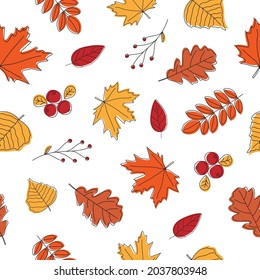 Patrón sin foco de hojas de otoño sobre fondo blanco. Hojas coloridas de arte de línea. Antecedentes naturales, ecológicos y de diseño otoñal. Ilustración del vector