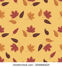 Patrón sin foco con hojas de otoño sobre un fondo beige. Papel o tela envuelto. Tarjeta ilustrativa de dibujos animados de vector colorido