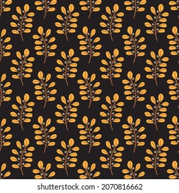 Patrón sin foco con hojas de otoño sobre fondo oscuro. Ilustración vectorial. Elemento de diseño plano para banner, papel de pared, papel de envoltura, tela.