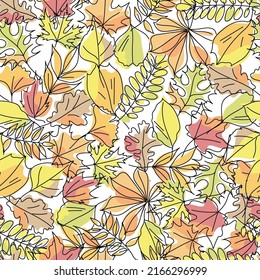 Seamless pattern of autumn leaves on a white background. Autumn leaves of various trees, maple, oak, chestnut, acacia, ash. Colorful leaves in linear art with the addition of colored spots. Vector.