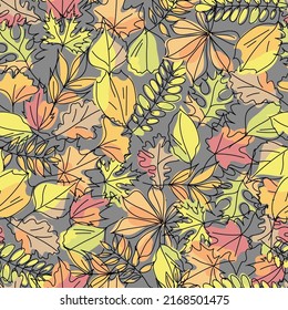 Seamless pattern of autumn leaves on a dark gray background. Autumn leaves of various trees, maple, oak, chestnut, acacia, ash. Colorful leaves in linear art with the addition of colored spots. Vector