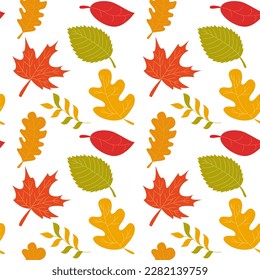 Seamless Pattern with Autumn Leaves on a White. Minimalistic Vector Background. Texture for Fabric, Wallpaper, Wrapping Paper.