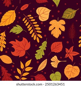 Seamless pattern with autumn leaves on a dark background. Leaves for wallpaper, textile, fall greeting cards, gift paper.