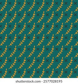 Seamless pattern with autumn leaves on green background. Vector illustration.