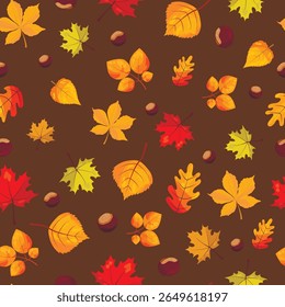 seamless pattern with autumn leaves on a brown background