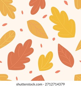 Patrón sin fisuras con hojas de otoño sobre fondo beige claro. Otoño y concepto de cosecha. Ilustración vectorial de estilo plano.