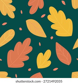 Patrón sin fisuras con hojas de otoño sobre fondo verde oscuro. Otoño y concepto de cosecha. Ilustración vectorial de estilo plano.