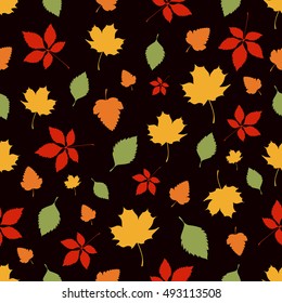 Seamless pattern of autumn leaves on black background