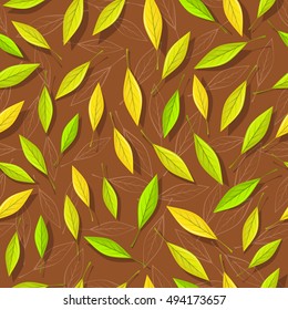 Seamless pattern with autumn leaves on brown background. Autumnal illustration with yellow, green and silhouette leaves. Fall concept. Wallpaper and textile design. Floral leaf decor. Vector