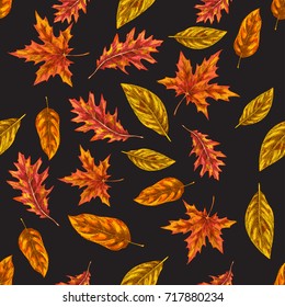 Seamless pattern with autumn leaves on a black background. Vector illustration
